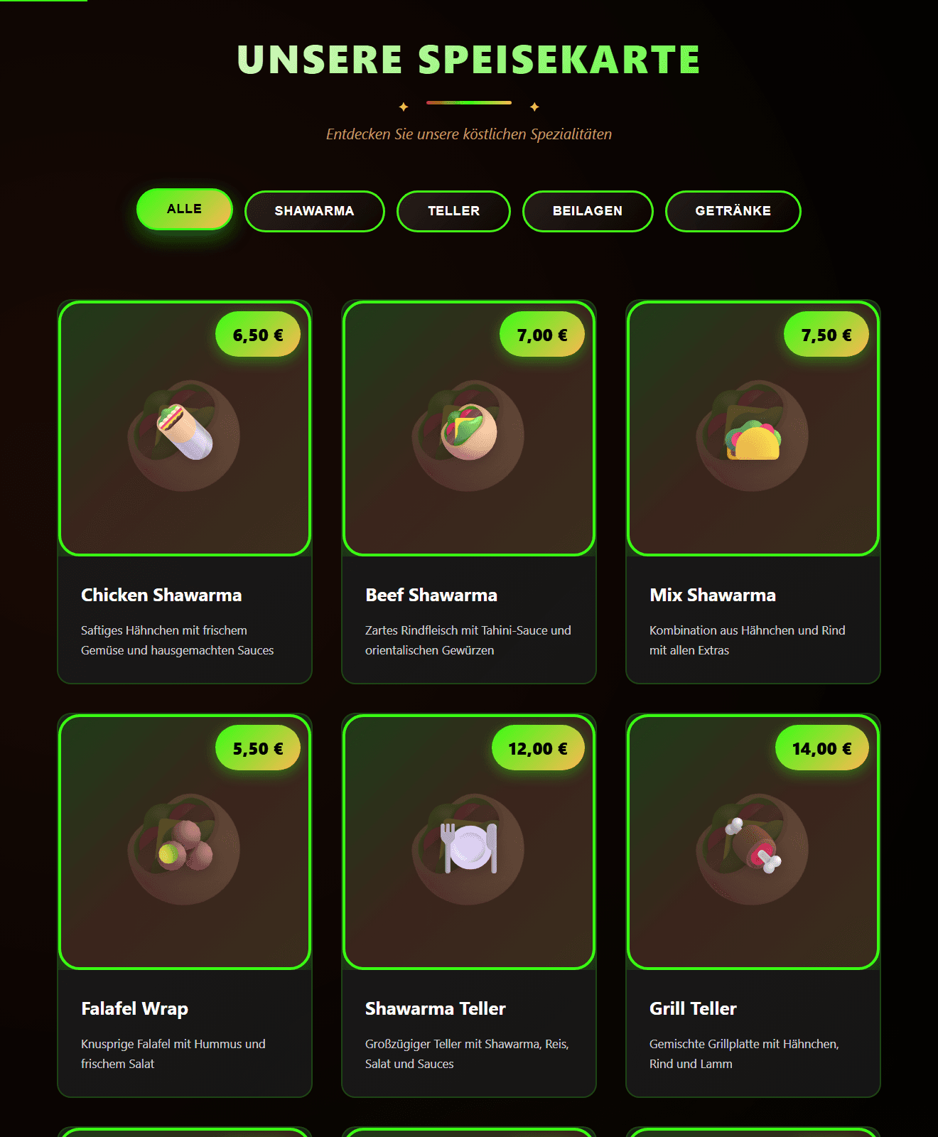 Restaurant website — menu page